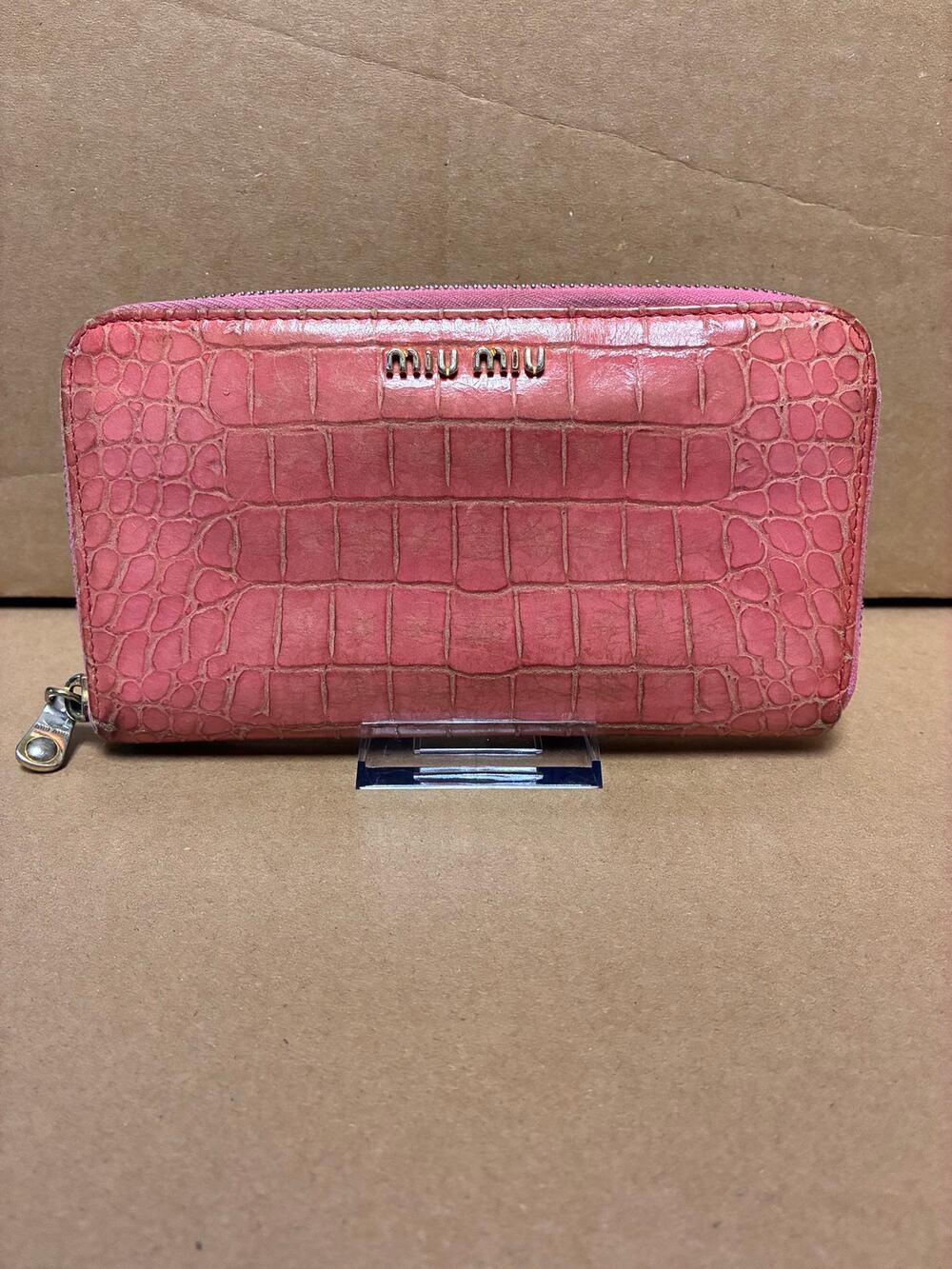 Miu Miu Pink Croc-Embossed Leather Zip-Around Wallet